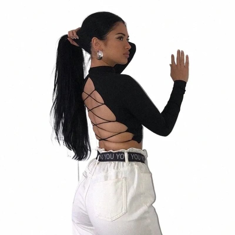 Women's Sexy Open-Back Long Sleeve Harajuku T-Shirt, Vintage Solid Color  Summer Tee