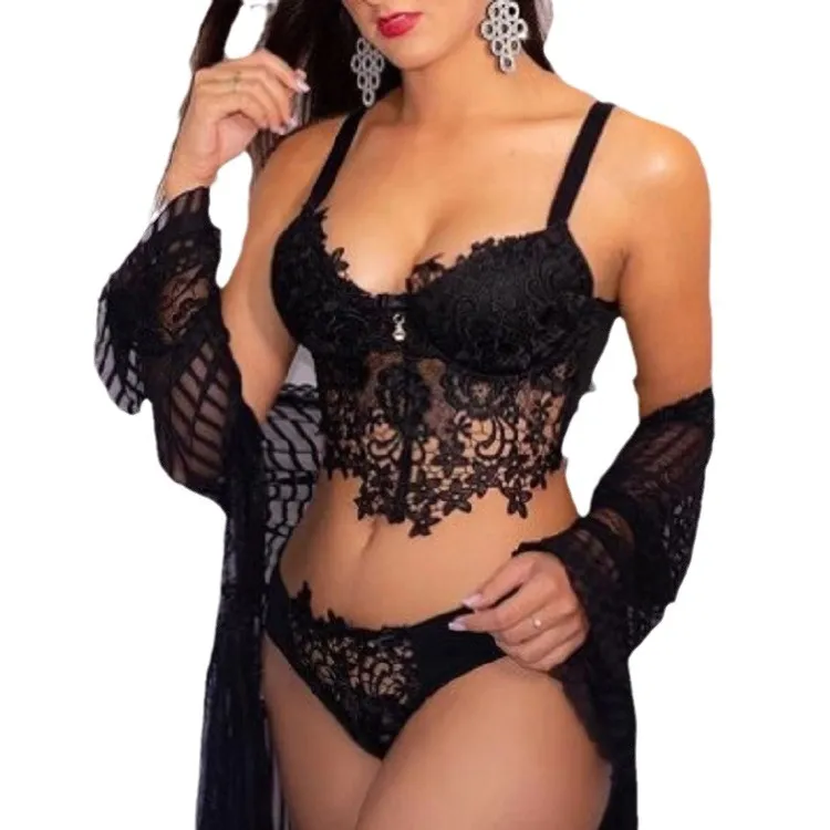 sexy lingerie size 18 Keeccty Women Plus Size Lace Sexy Underwear Floral Solid 3PCs Lingerie Set main image 0