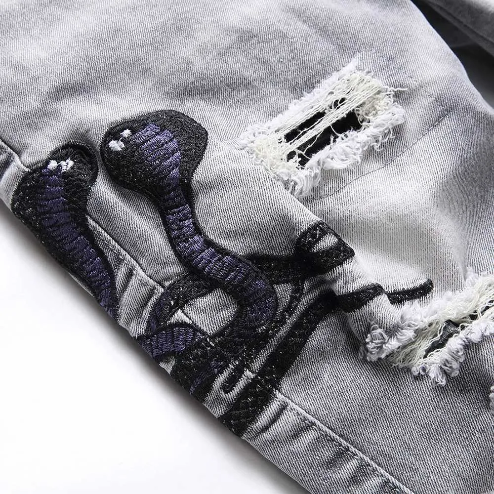 Jeans da uomo in denim grigio con ricamo serpente, streetwear, pantaloni elasticizzati Ditreed strappati e sottili, dritti e ricamati_voghion.com