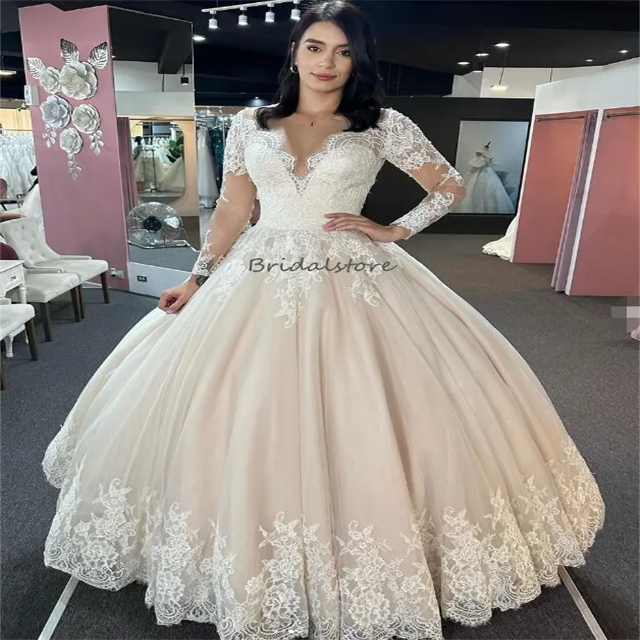 Classical Ball Gown Champagne Satin Wedding Dress with Lace-Up Back and Long  Sleeves for Garden Church from Dhgate Ball Gown Wedding Dresses - price  134.77