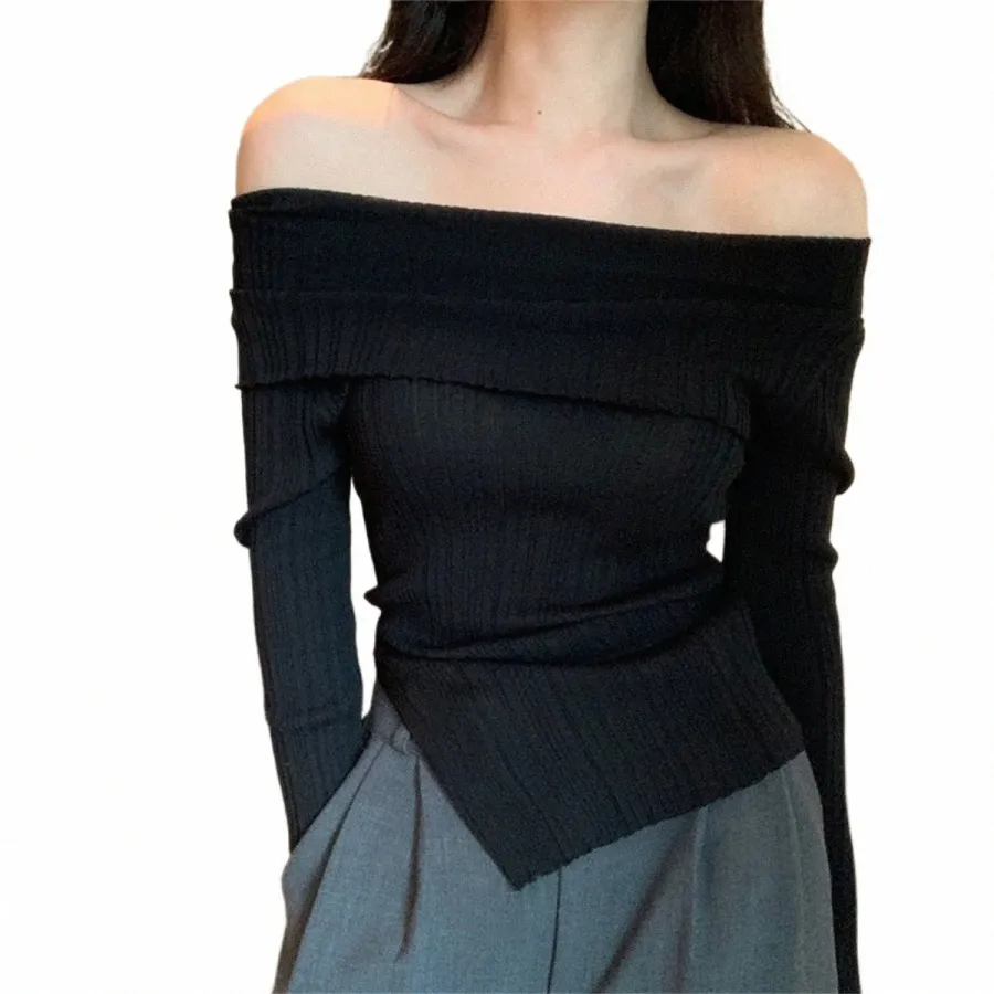 【GLOWNY】韓国人気★ (S,M) G OFF SHOULDER LONG SLEEVE Off-Shoulder Solid Ruched Long Sleeve Top with Ribbon Detail