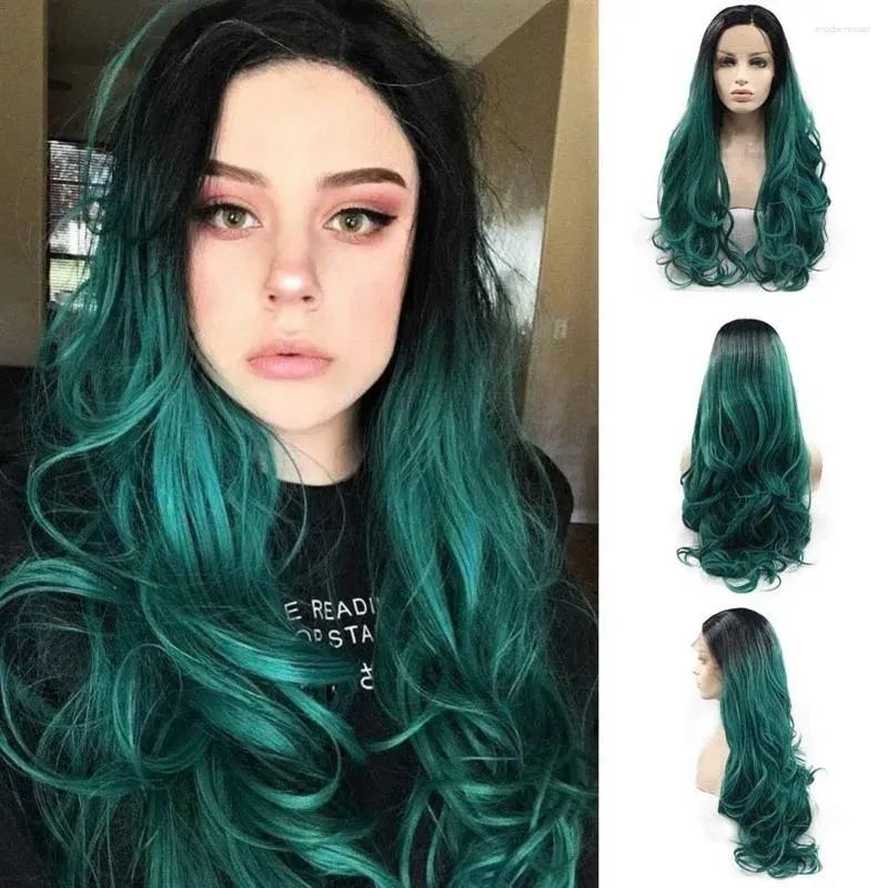 DHgate Ombre Green Lace Front Wig Long Wavy Black to Dark Green Synthetic Hair for Women Hair Products