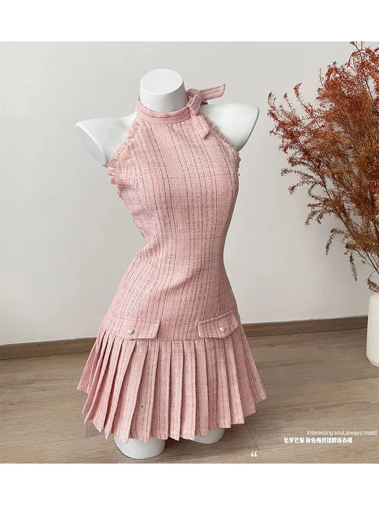 Gyaru Women's Elegant French Halter A-Line Mini Dress with Patchwork Bow - Slim Fit Clubwear Seersucker Robe
