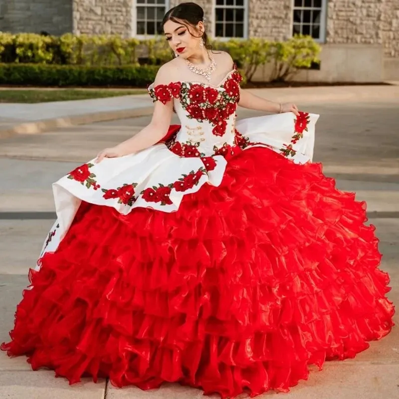 Vestidos De Charro De Quincenera Rojo Blanco 2024: Vestidos De