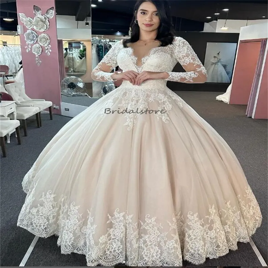 Classical Ball Gown Champagne Satin Wedding Dress with Lace-Up Back and Long  Sleeves for Garden Church from Dhgate Ball Gown Wedding Dresses - price  134.77