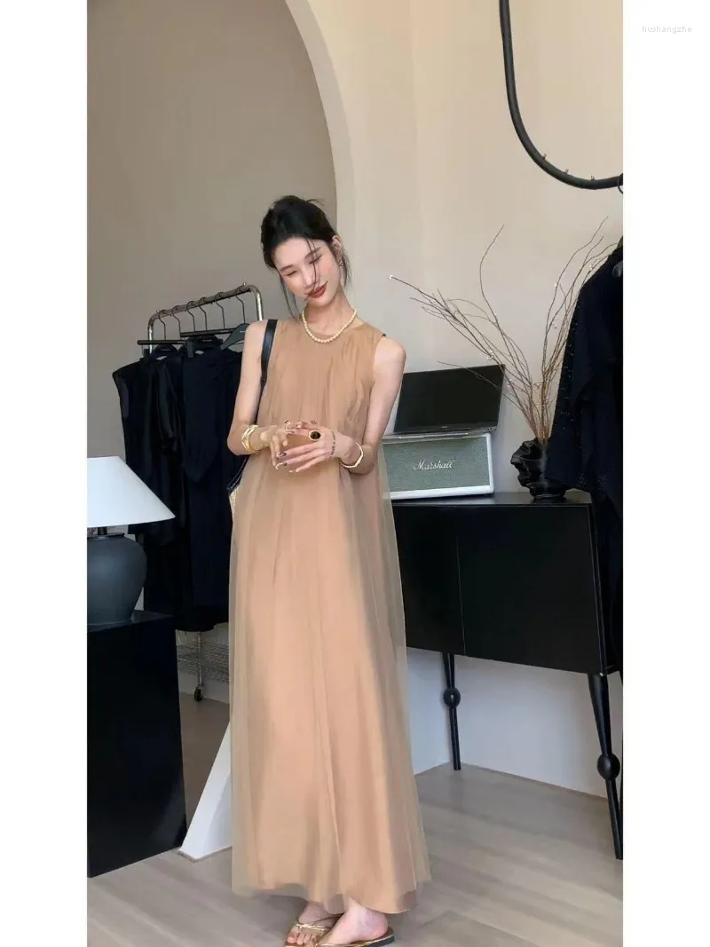 Sweet Girl Long Linen Midi Dress - Elegant O-Neck, Sleeveless, Loose Ankle-Length for Summer Fashion
