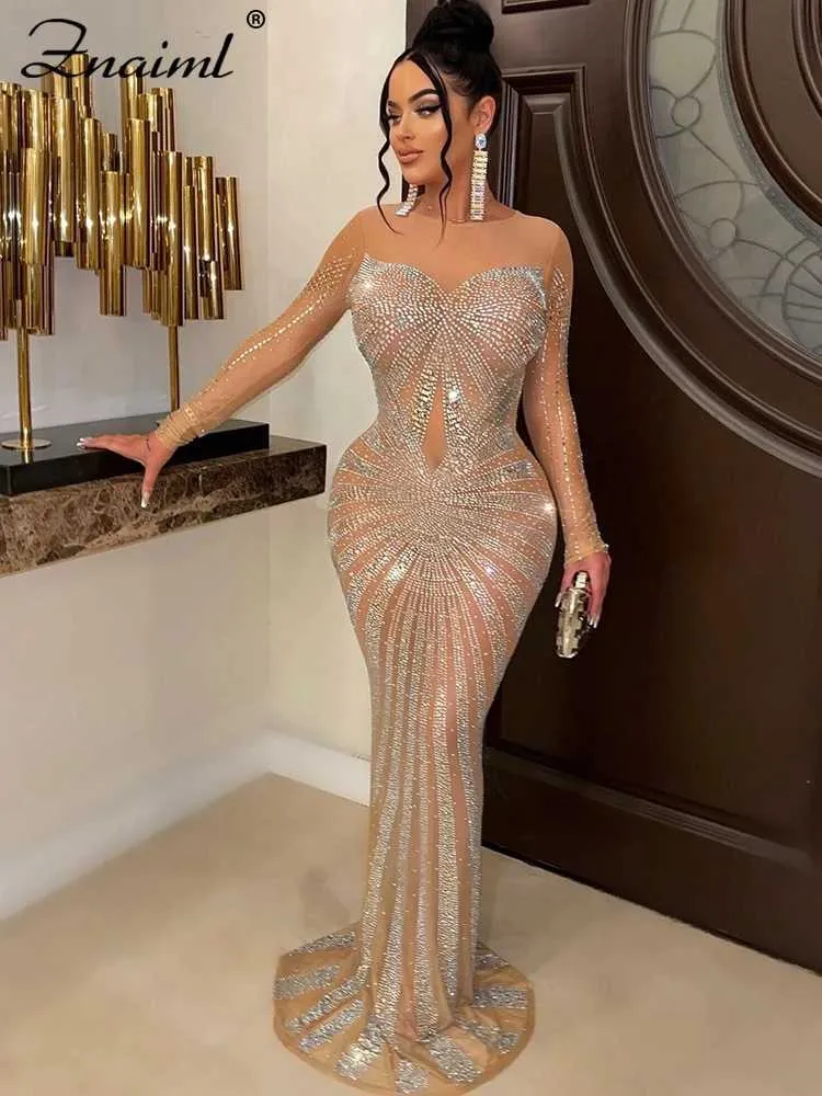 Simple Expensive Dresses For Women Silver Long Sleeve Grad Dress 2020 Luxury  Rhinestone Mesh Maxi Dress
