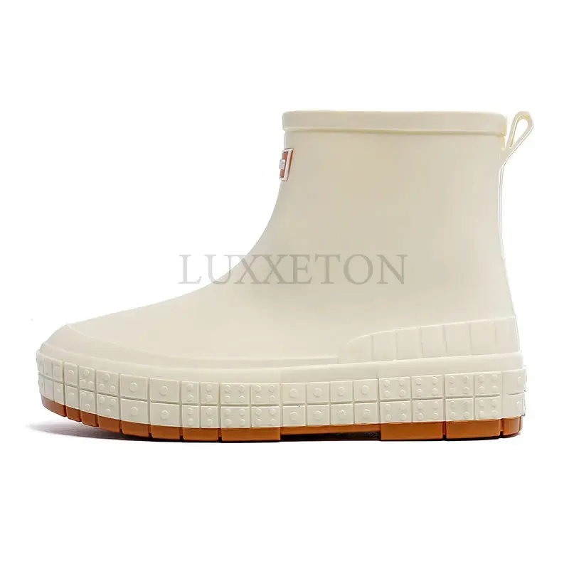 Zapatos bajos de mujer para lluvia, antideslizantes, impermeables, de PVC, botines de trabajo, botas de agua, de moda, color liso, plataforma, cubrezapatos 240618_voghion.com