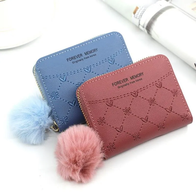 Embroidered Wallet for Ladies Stylish PU Leather Zipper Coin Purse with Hairball Tassel