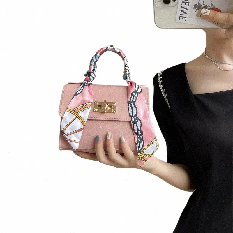 Women s Elegant PU Leather Mini Chain Bag Silk Scarf Shoulder Handbag with Ribbons Crossbody Purse for Ladies