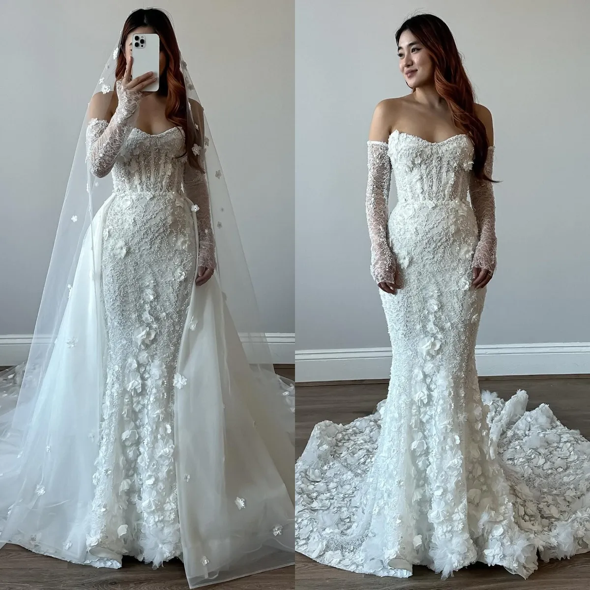 Sweetheart Appliques Detachable Long Sleeve Trumpet Mermaid Wedding Dress Sweetheart Appliques Detachable Long Sleeve Trumpet Mermaid Wedding Dress