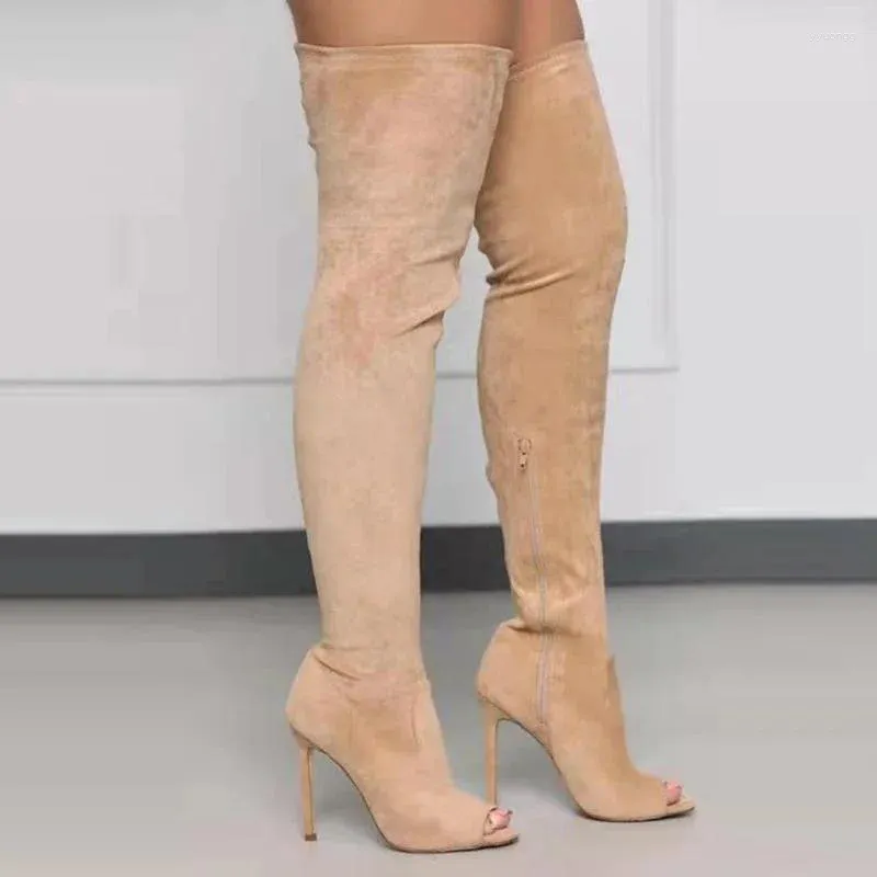 Army Green Peep Toe High Heel boots near me with Side Zip and Elastic Fit for Women Brown Apricot Big Size