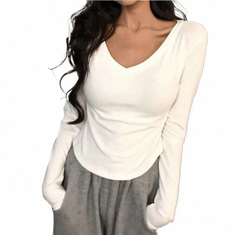 2024 Women's V-Neck Solid Color Long Sleeve T-Shirt, Thin and Stretchy  Basic Tee Femme