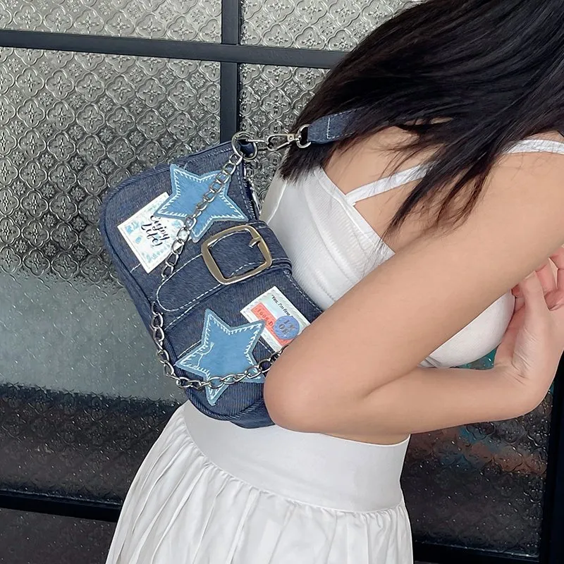 High Quality Denim Y2K Blue Star Applique Shoulder From