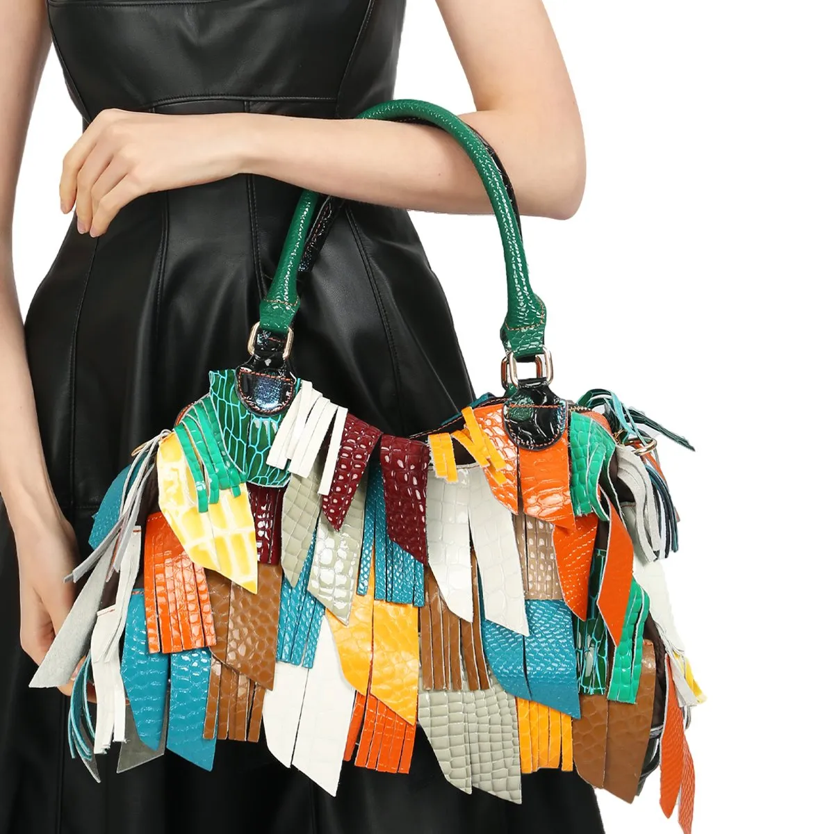 Bohemian Chic Leather Handbag: Colorful Patchwork Tassel Bag