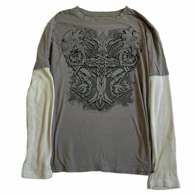 Y2K Cyber Grunge Cross-Print T-shirt: Retro Harajuku Style, Gothic Mall Goth Long-Sleeve Top Y2K Cyber Grunge Cross-Print T-shirt: Retro Harajuku Style, Gothic Mall Goth Long-Sleeve Top