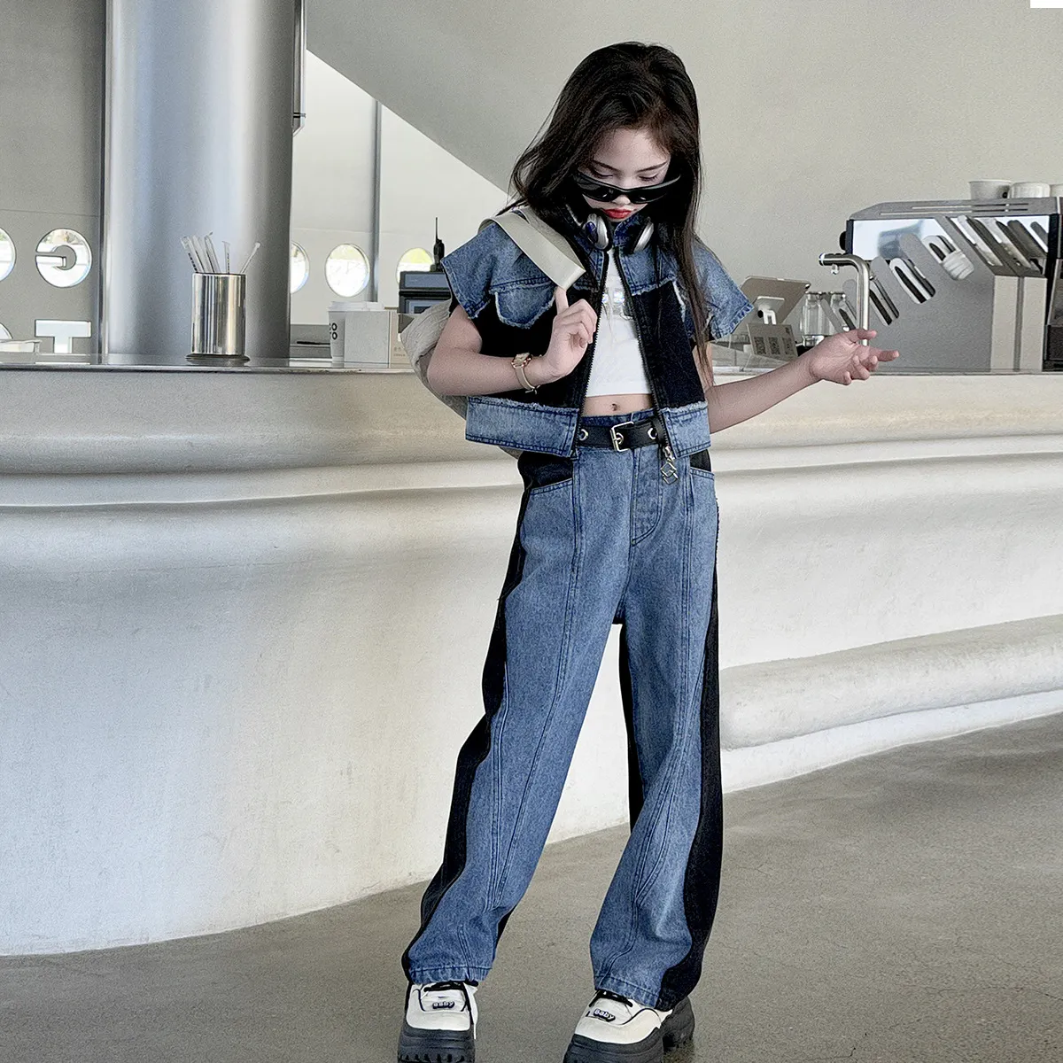 2024 Fashion Trendy Two Piece Cowboy Denim Set Outfit For Girls Cool Splicing Denim Waist Tops And Jeans S1575 From Vivibabykids 5.83 DHgate.Com