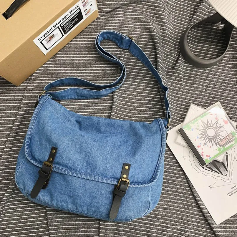 Denim Unisex Campus Bag With Foldable Cover, Crossbody Strap