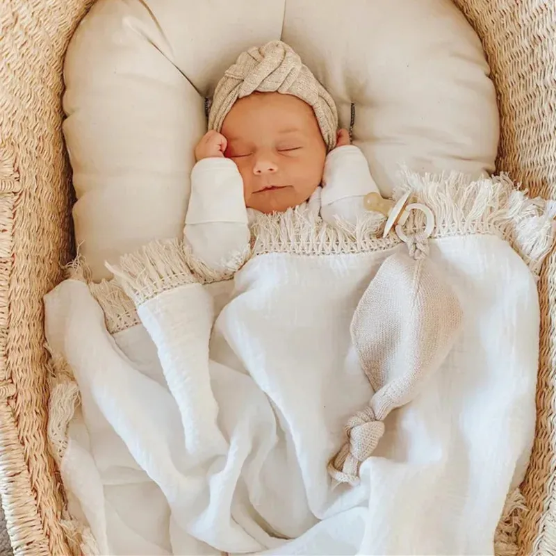 Muslin Cotton Baby Swaddle Blanket With Fringe - Boho Tassel Design, Unisex For Boys & Girls, Nursing Cover Or Nursery Decor