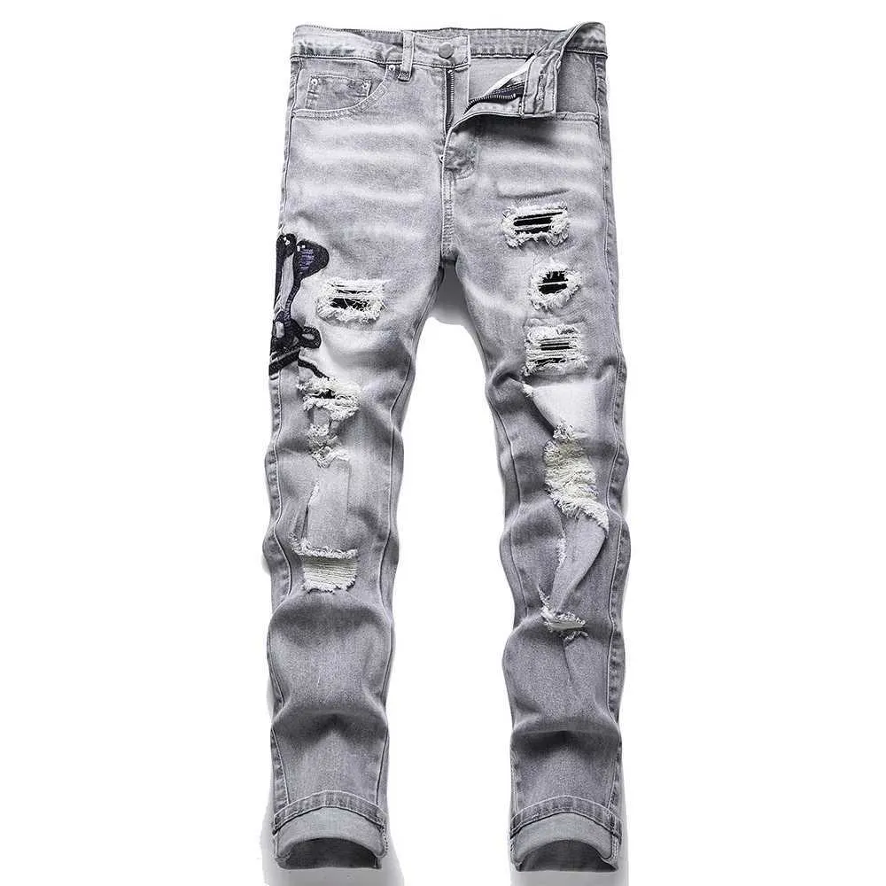 Jeans da uomo in denim grigio con ricamo serpente, streetwear, pantaloni elasticizzati Ditreed strappati e sottili, dritti e ricamati_voghion.com