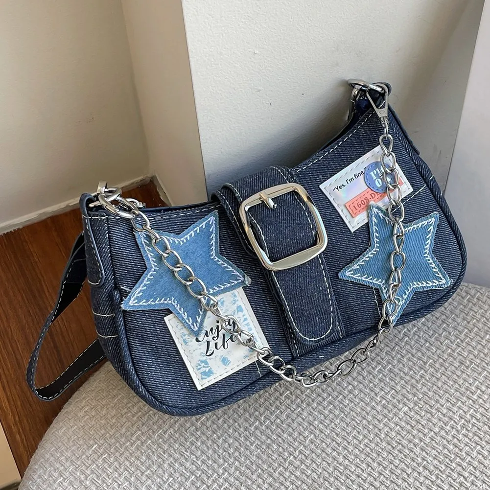 DHgate.com:Retro Y2K Star Pattern Denim Shoulder Bag, High