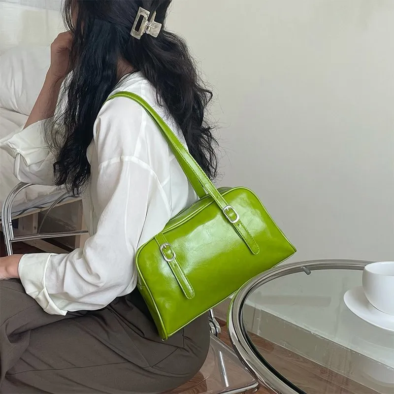 Women's Top Handle Shoulder Bag - Simple Leather Boston Bag, Small Underarm Purse