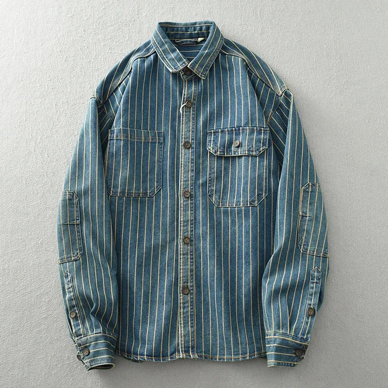 Mens Heavyweight Washed Denim Shirt, 100% Cotton Vertical Striped