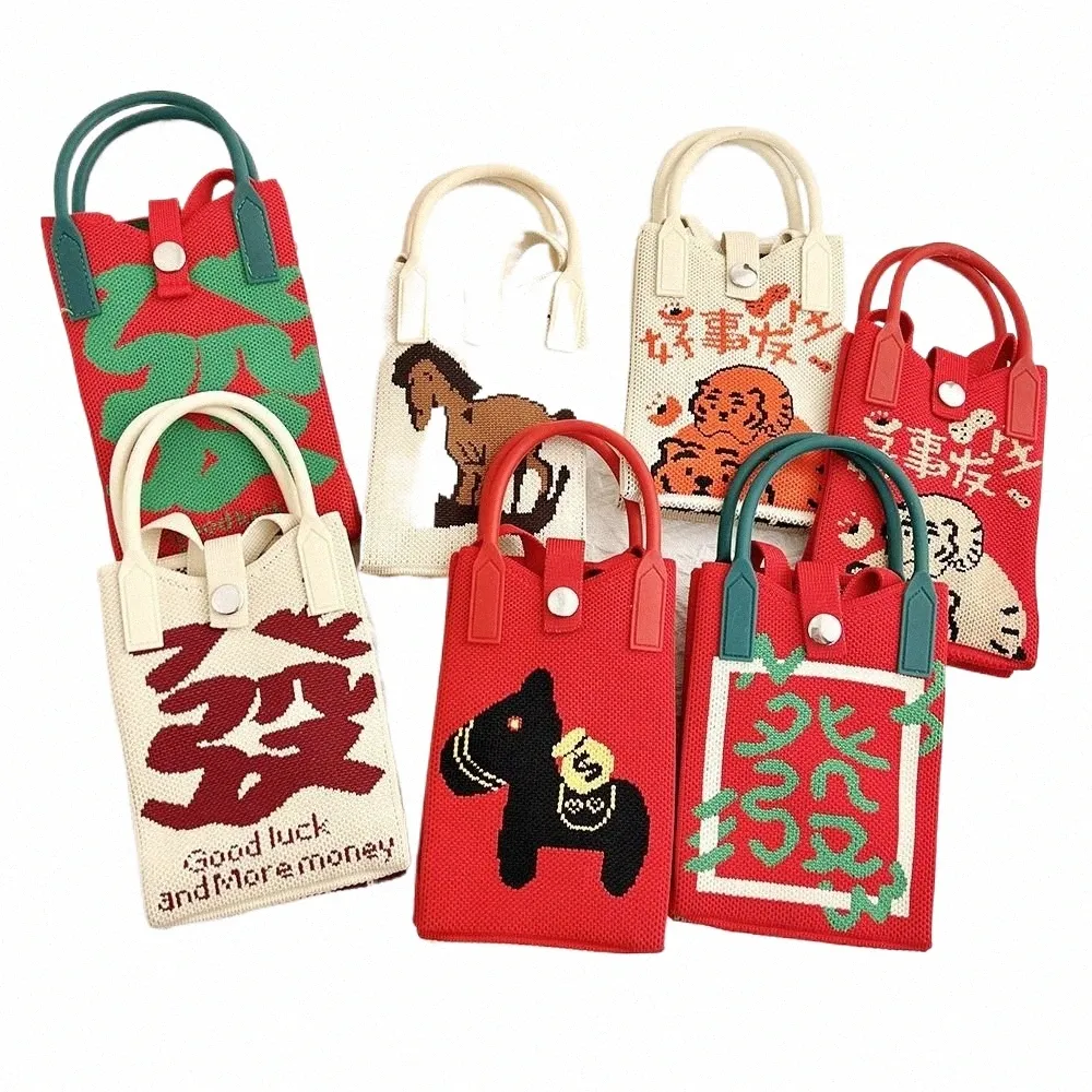 DHgate Chinese New Year Reusable Knit Handbag with Knot Wrist Stylish Lunar Spring Festival Decor Accessory Bags Luggage Accessories