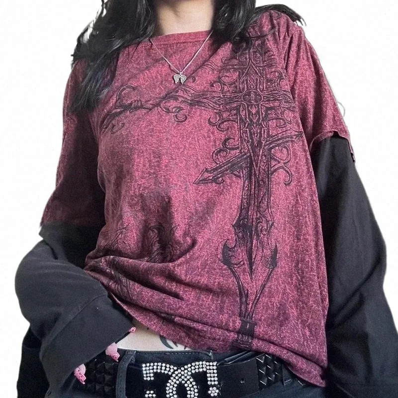 Y2K Grunge Emo Cross Tee- Vintage Cyber Goth E-girl Harajuku Tops