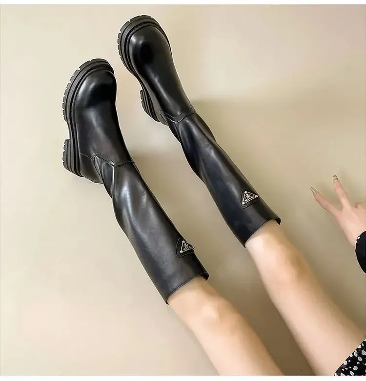 Cizme de damă la modă cu toc gros, cu platformă lungă și evazată, pentru toamnă/iarnă, versatile, cu fermoar la spate, 240918, Triangle Label_voghion.com