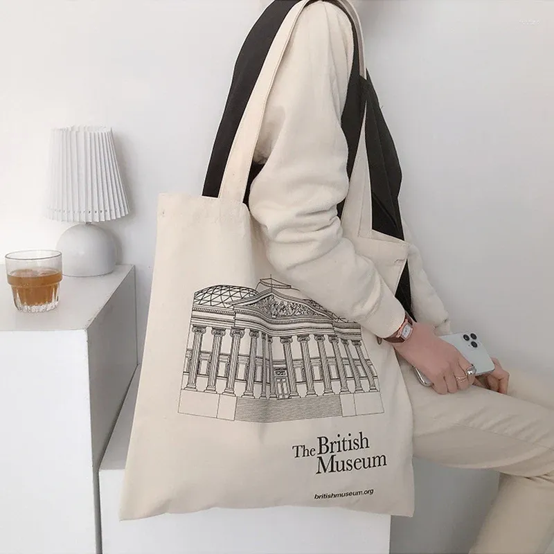 DHgate Chic British Museum Print Canvas Tote Bag Eco Friendly Cotton Shoulder Handbag for Women and Girls Bags Luggage Accessories