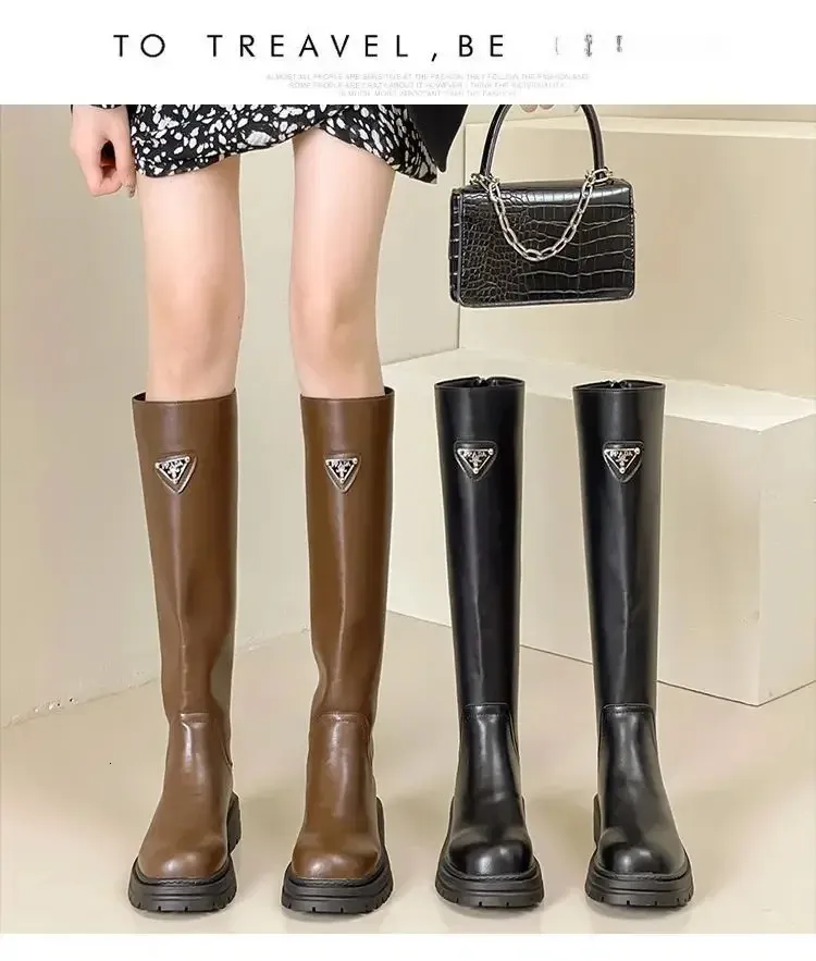 Cizme de damă la modă cu toc gros, cu platformă lungă și evazată, pentru toamnă/iarnă, versatile, cu fermoar la spate, 240918, Triangle Label_voghion.com