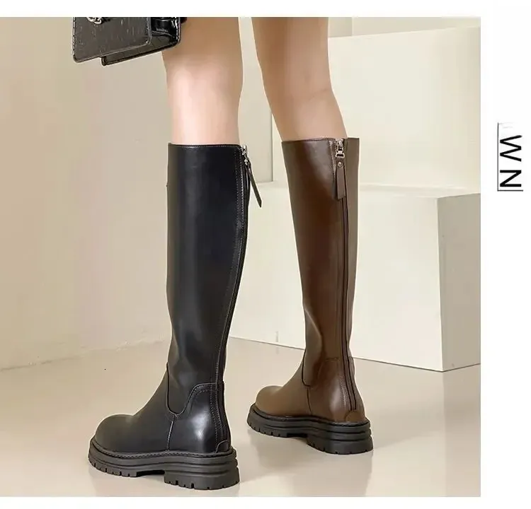 Cizme de damă la modă cu toc gros, cu platformă lungă și evazată, pentru toamnă/iarnă, versatile, cu fermoar la spate, 240918, Triangle Label_voghion.com