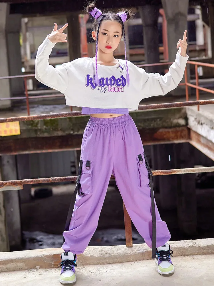 Jazz Dance Costume Kids Hip Hop Clothes Girls White Crop Tops Purple Cargo Pants Long Sleeved K pop Concert Show Wear BL9259 240618