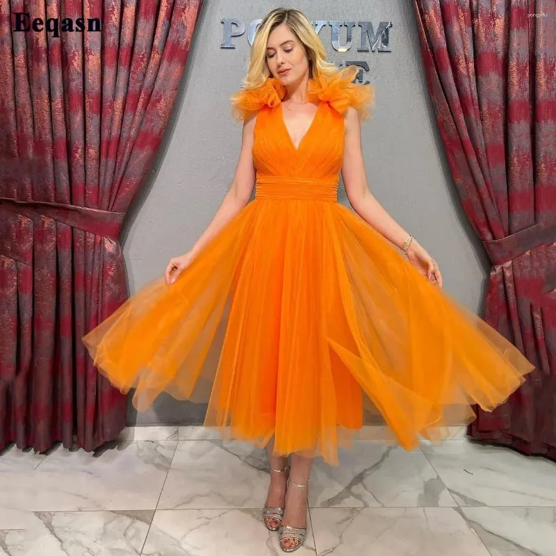 Orange Tulle A-Line Midi Party Dress with Ruffle Shoulder and Vintage V-Neck  for Women from Dhgate Urban Sexy Dresses - price 116.48