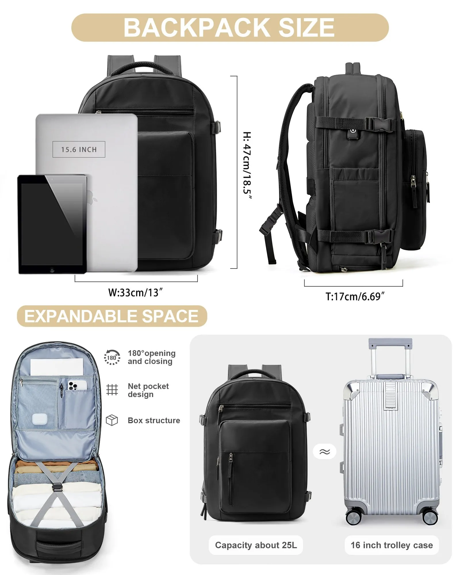 25l Backpack Backpack Liter Size For Carry On Almond Oak: 25L 5L