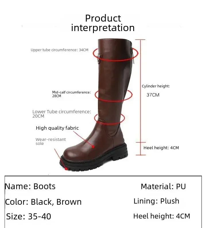 Cizme de damă la modă cu toc gros, cu platformă lungă și evazată, pentru toamnă/iarnă, versatile, cu fermoar la spate, 240918, Triangle Label_voghion.com