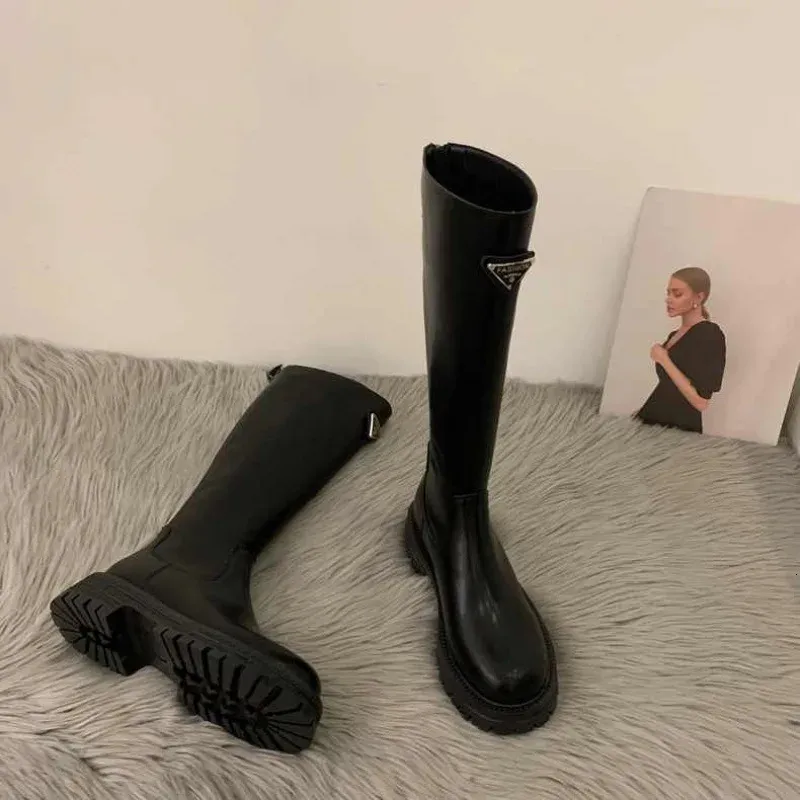 Cizme de damă la modă cu toc gros, cu platformă lungă și evazată, pentru toamnă/iarnă, versatile, cu fermoar la spate, 240918, Triangle Label_voghion.com
