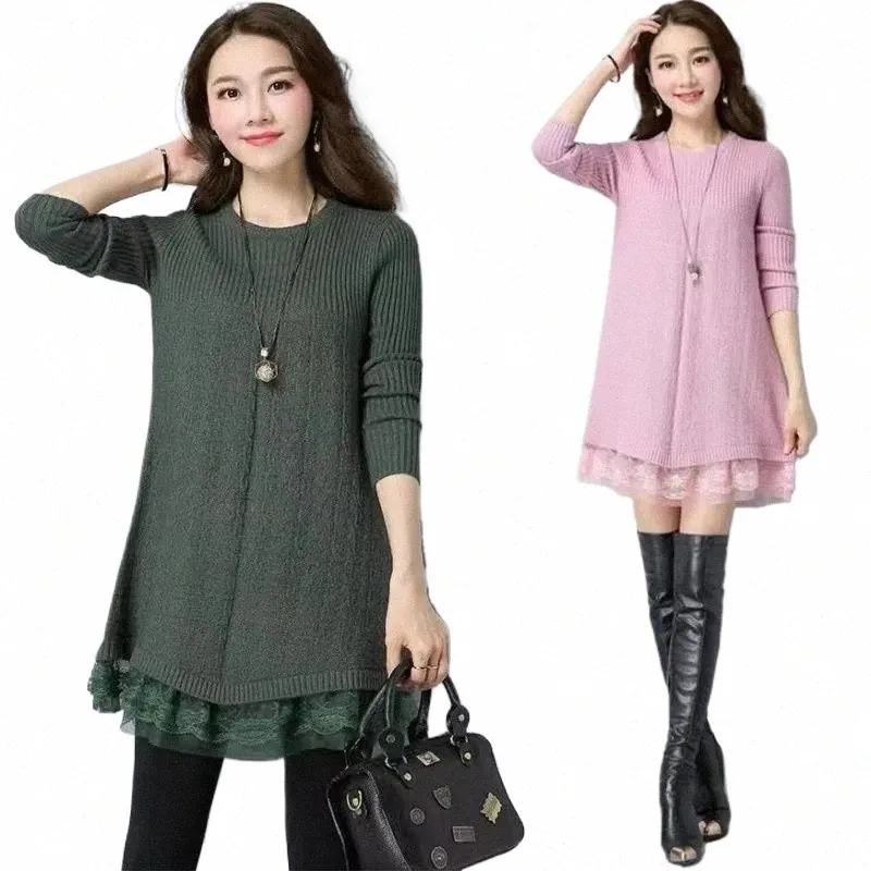 Women's loose solid long-sleeved stitching lace knit dress Women's loose solid long-sleeved stitching lace knit dress