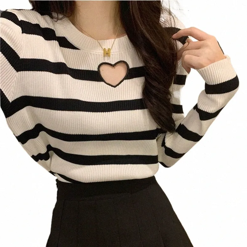 Striped Hollow Out Sweater: Soft Knit O-Neck Long Sleeve Pullover Tops