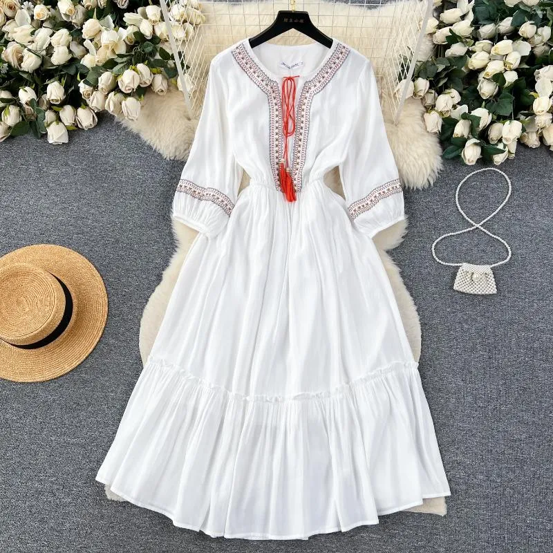 white christmas dresses Lane Embroidered Midi Dress in Cream