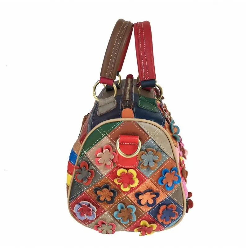 Stylish Patchwork Leather Tote Bag - Colorful Floral Shoulder Bag