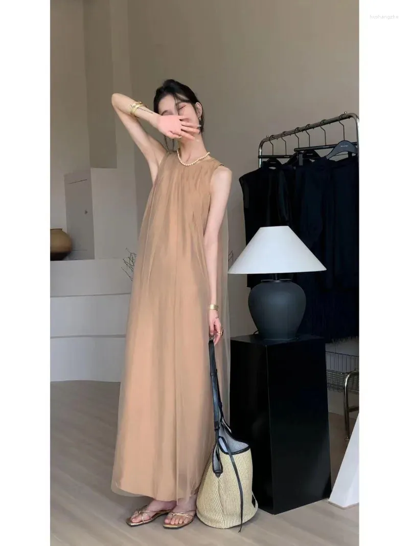 Sweet Girl Long Linen Midi Dress - Elegant O-Neck, Sleeveless, Loose Ankle-Length for Summer Fashion