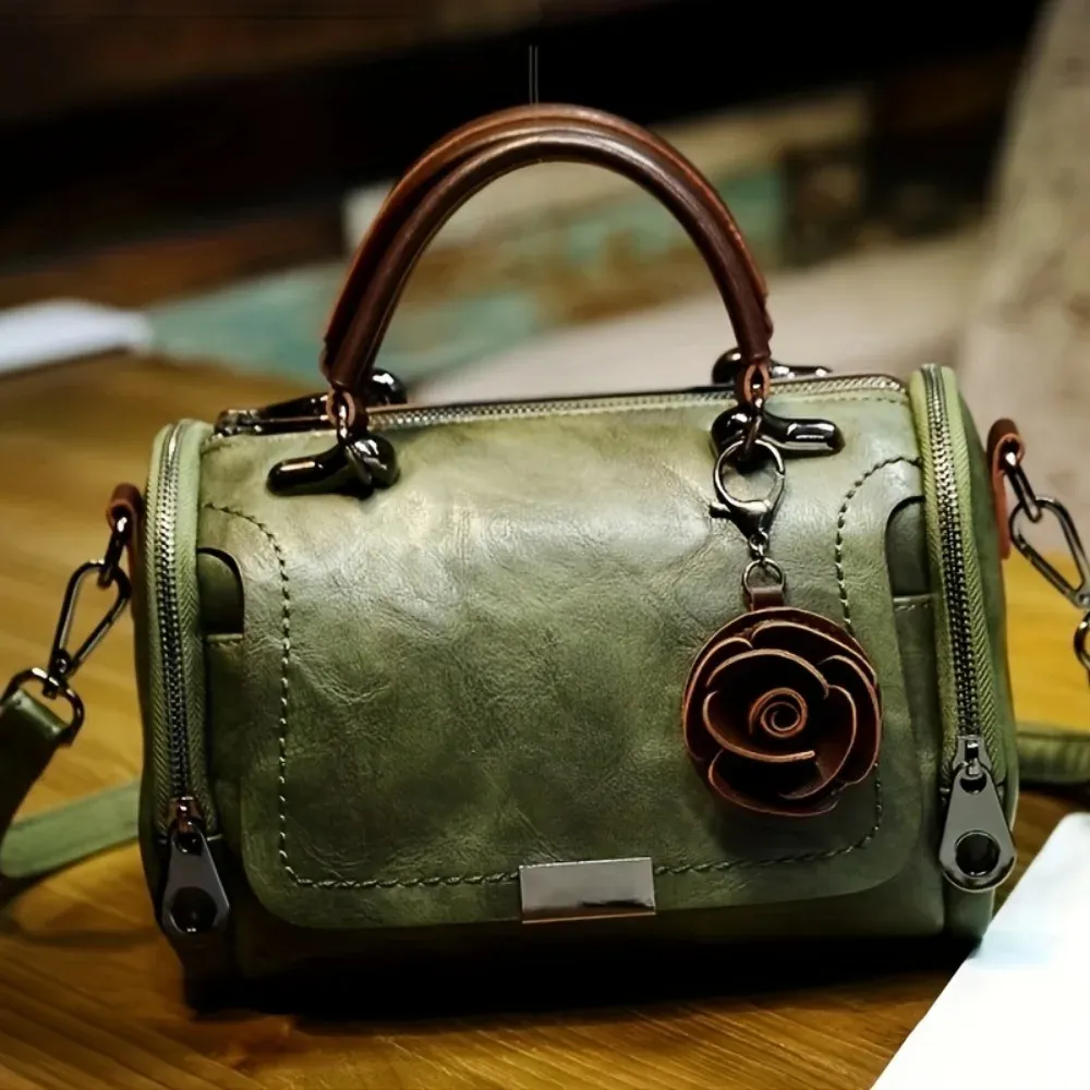 Vintage Floral Leather Handbag - Retro Top Handle Boston Bag