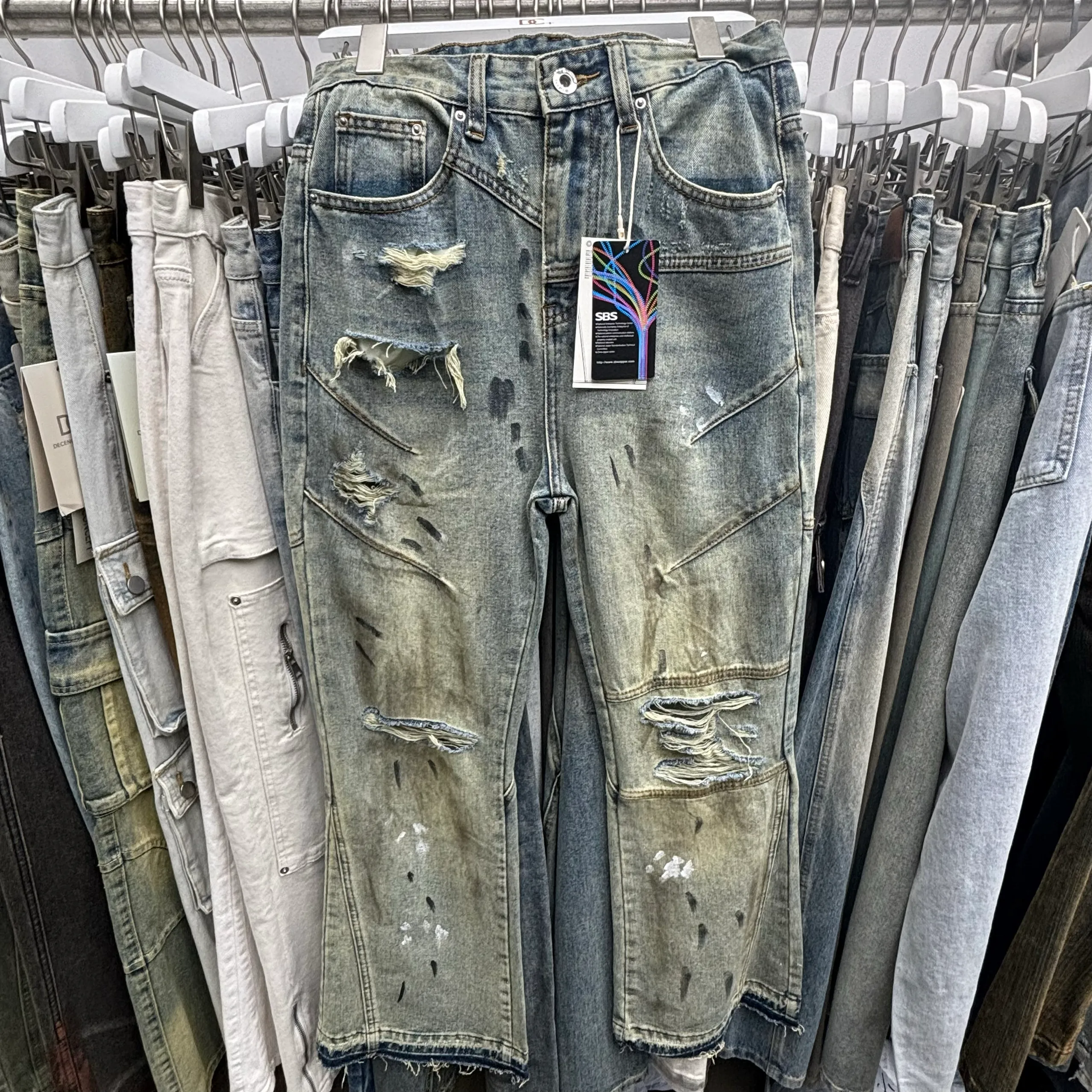 Mens Vintage Printed Jeans, Casual Baggy Washed Denim Pants For 