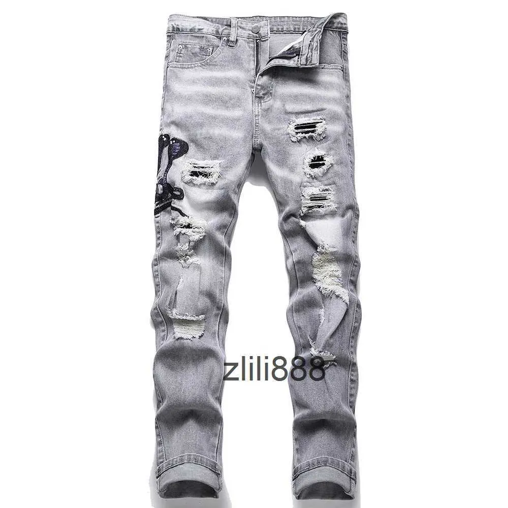 Jeans da uomo in denim grigio con ricamo serpente, streetwear, pantaloni elasticizzati Ditreed strappati e sottili, dritti e ricamati_voghion.com