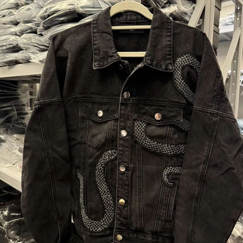 Designer Black Denim Snake Jacket and Pants Set Luxury Vintage Loose Streetwear