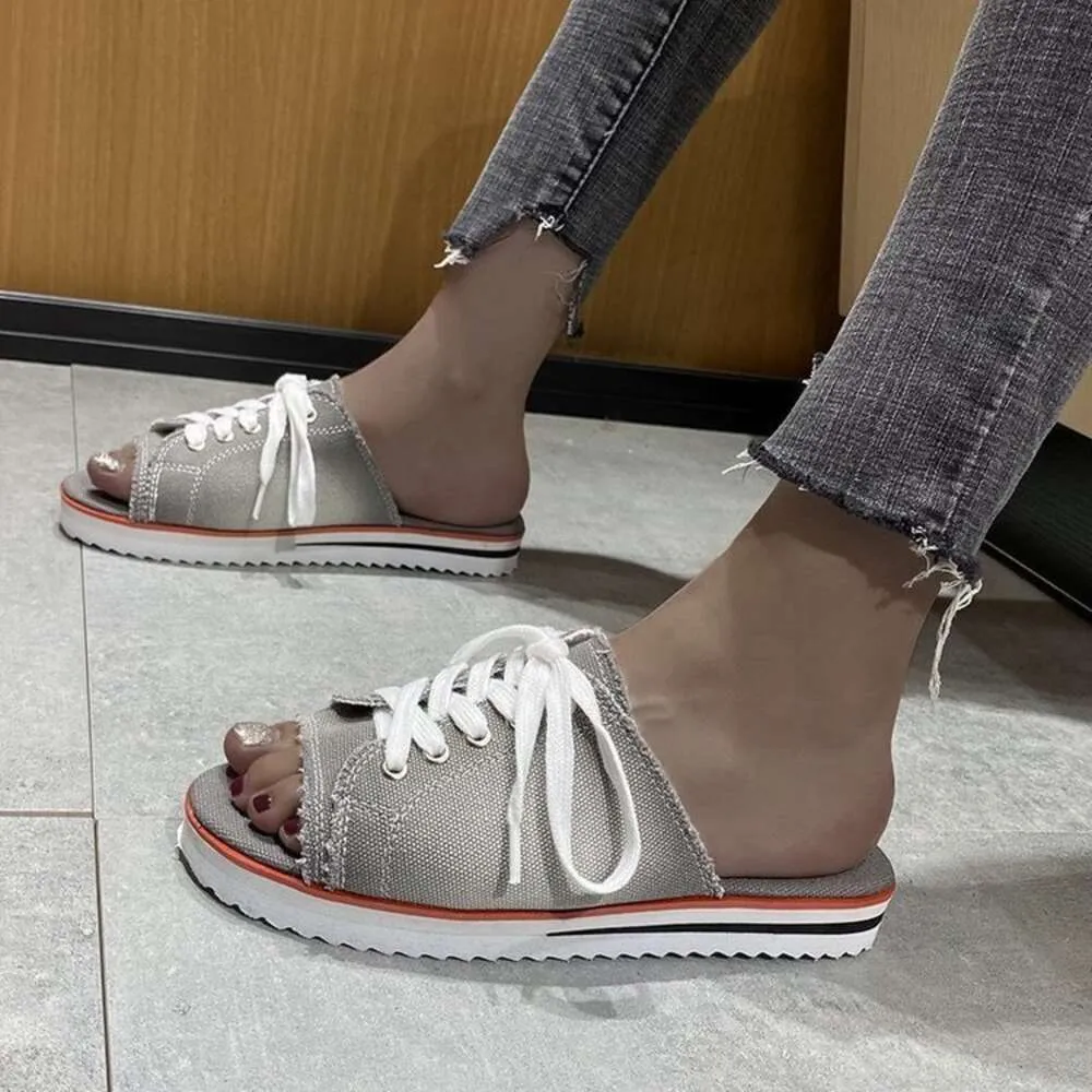 Casual Denim Peep Toe Lace Up Flats for Women in 2024