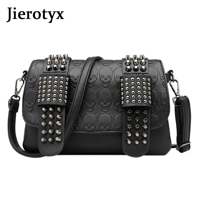 Edgy Black Skull Rivet Shoulder Bag - Gothic Womens Leather