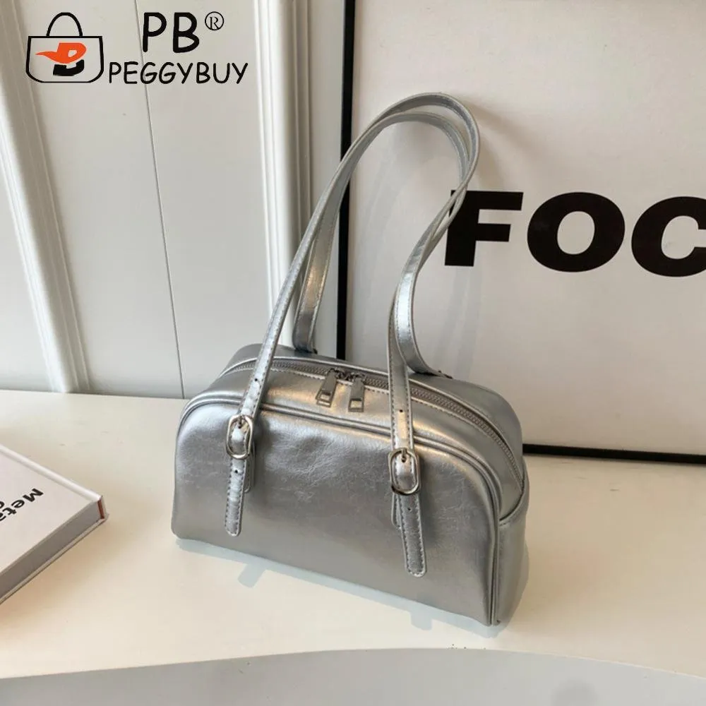 Women Mini Boston Bag Solid Color PU Handbag with Adjustable Strap